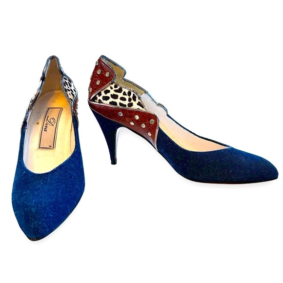 Vintage Leather, Denim & Cowhide Studded Boho Heels - Picture 3 of 12